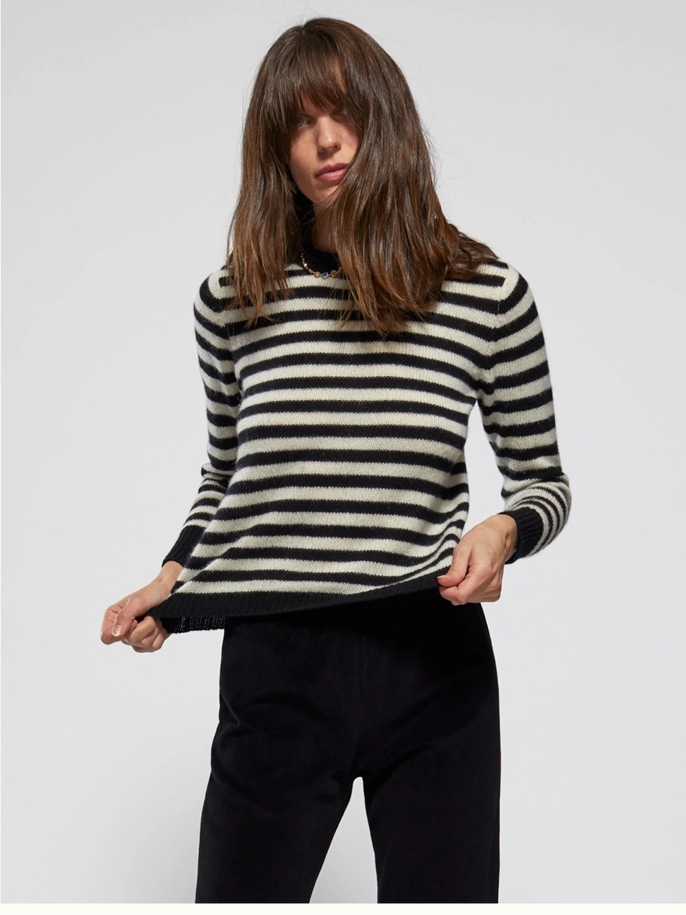 7 For All Mankind Black and White Striped Crewneck Sweater